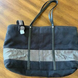 Coach Black Gunmetal Signature Stripe Tote 11098 Handbag Purse